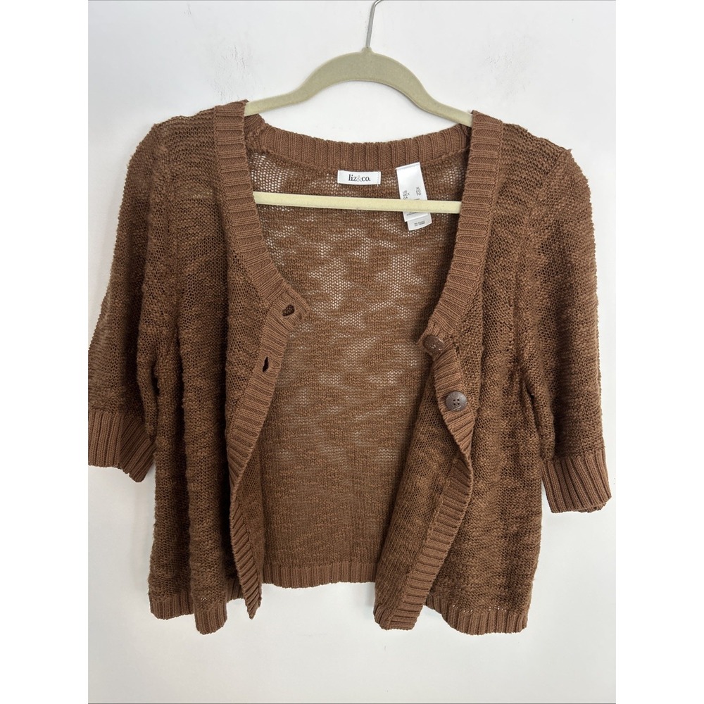 Liz &‎ Co Women's XL Short Sleeve Cropped Scoop Line 2 Button Brown Knit Sweat